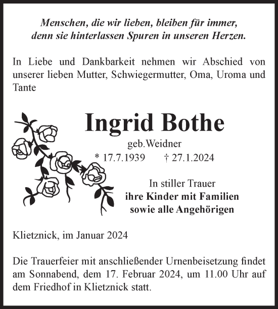 Traueranzeige von Ingrid Bothe von Volksstimme Burg/Genthin