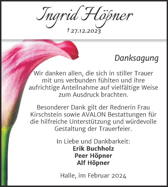 Traueranzeige von Ingrid Höpner von Mitteldeutsche Zeitung Halle/Saalkreis