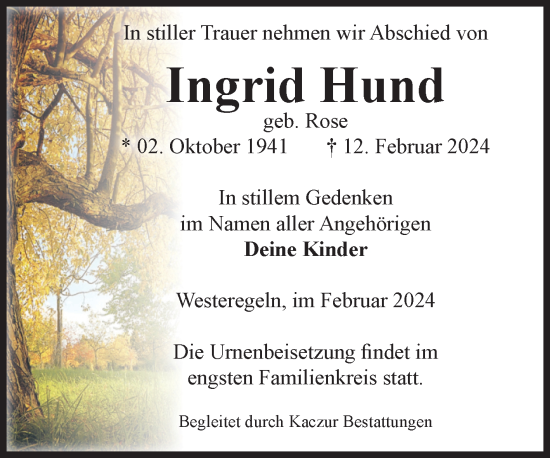 Traueranzeige von Ingrid Hund von Volksstimme Staßfurt