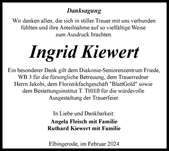 Traueranzeige von Ingrid Kiewert von Volksstimme Wernigerode