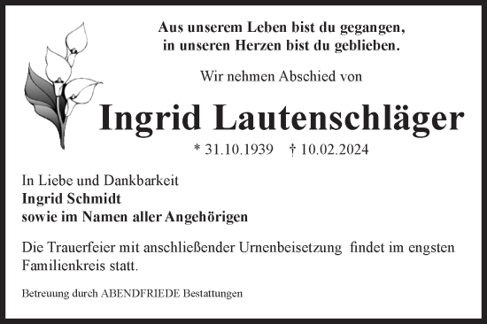 Traueranzeige von Ingrid Lautenschläger von Volksstimme Magdeburg