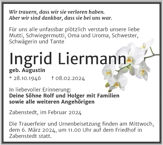 Traueranzeige von Ingrid Liermann von Trauerkombi Mansfelder Land