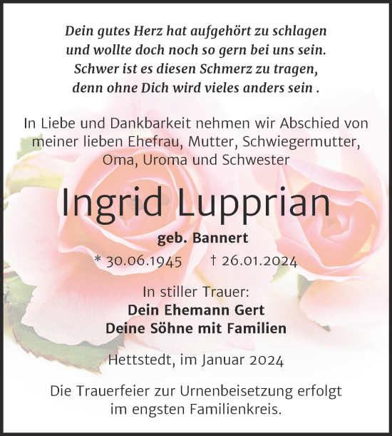 Traueranzeige von Ingrid Lupprian von Trauerkombi Mansfelder Land