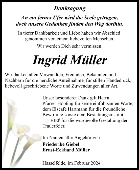 Traueranzeige von Ingrid Müller von Volksstimme Wernigerode