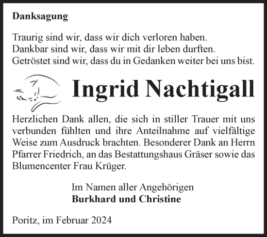 Traueranzeige von Ingrid Nachtigall von Volksstimme Altmark Ost