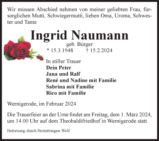 Traueranzeige von Ingrid Neumann von Volksstimme Wernigerode