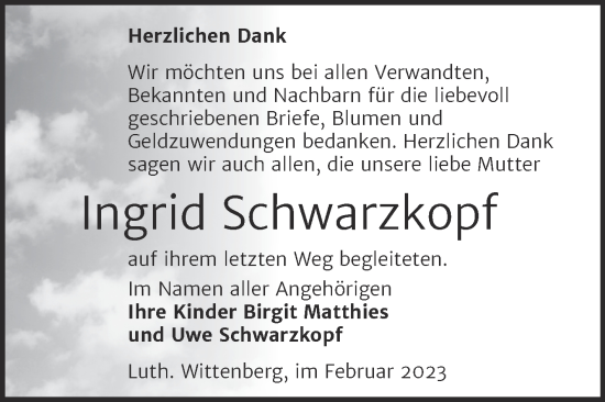 Traueranzeige von Ingrid Schwarzkopf von Trauerkombi Wittenberg
