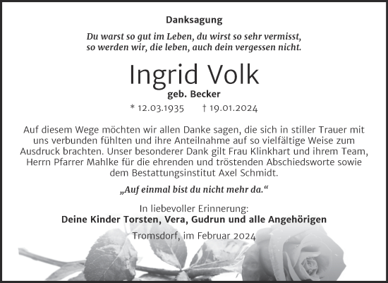 Traueranzeige von Ingrid Volk von Naumburger Tageblatt