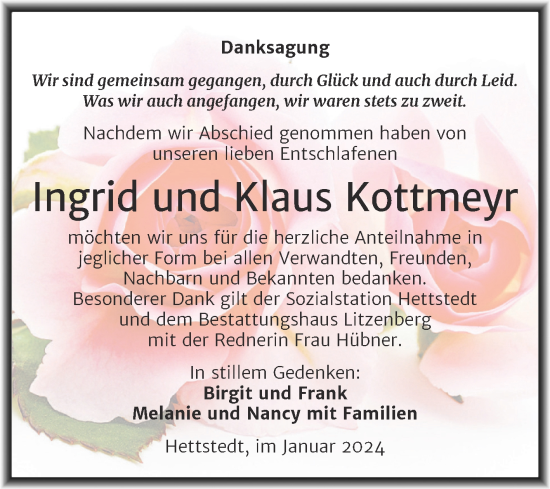 Traueranzeige von Ingrid und Klaus Kottmeyr von Trauerkombi Mansfelder Land