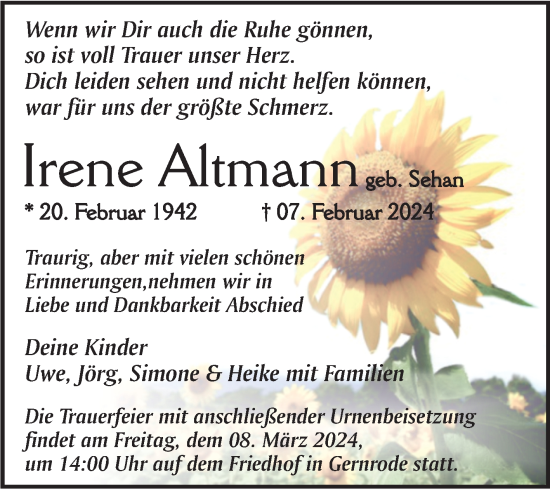 Traueranzeige von Irene Altmann von Trauerkombi Quedlinburg