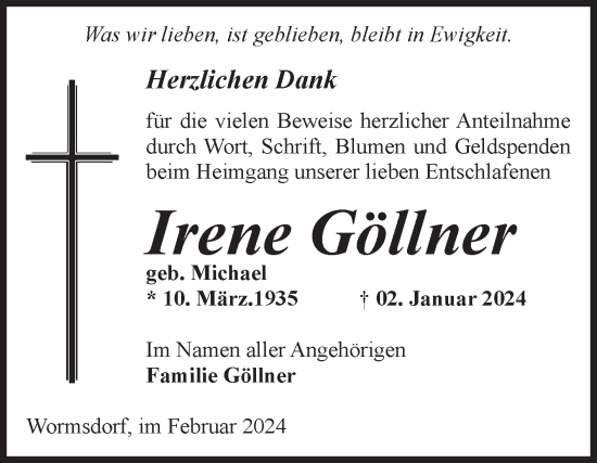 Traueranzeige von Irene Göllner von Volksstimme Oschersleben/Wanzleben