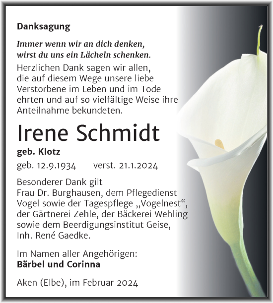 Traueranzeige von Irene Schmidt von Trauerkombi Köthen