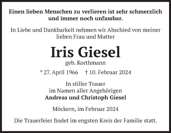 Traueranzeige von Iris Giesel von Volksstimme Burg/Genthin