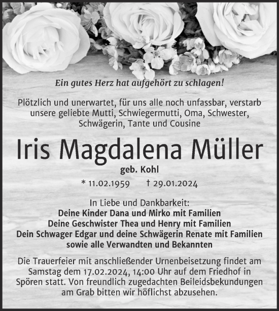 Traueranzeige von Iris Magdalena Müller von Trauerkombi Bitterfeld