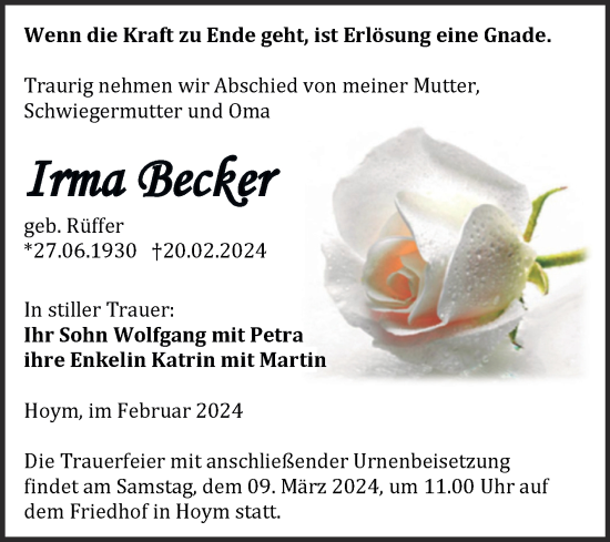 Traueranzeige von Irma Becker von Trauerkombi Aschersleben