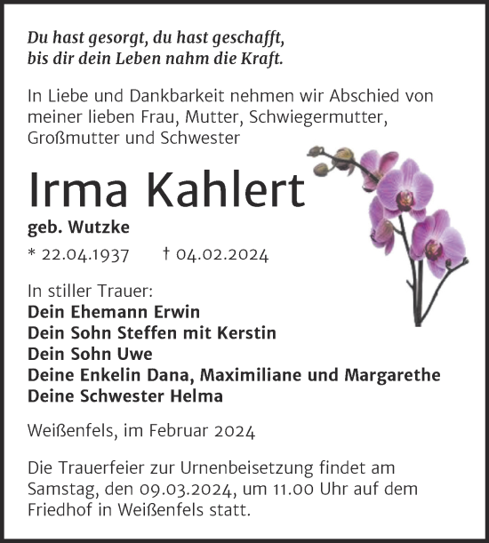 Traueranzeige von Irma Kahlert von Trauerkombi Weißenfels