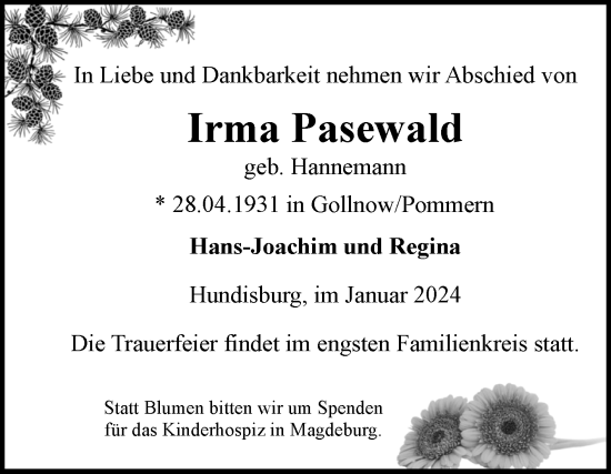 Traueranzeige von Irma Pasewald von Volksstimme Haldensleben/Wolmirstedt