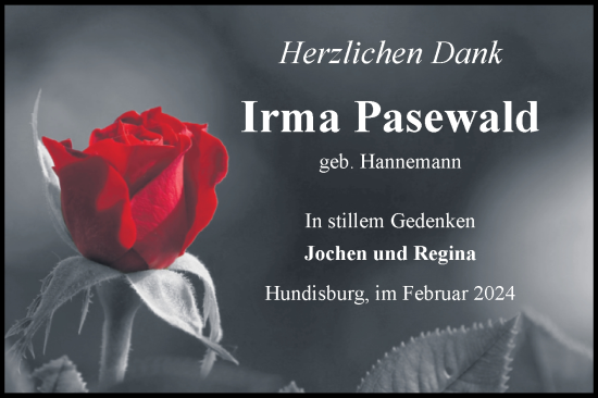 Traueranzeige von Irma Pasewald von Volksstimme Haldensleben/Wolmirstedt