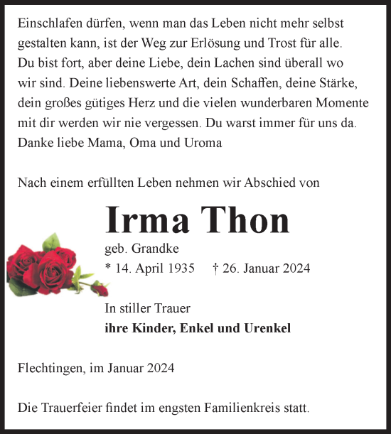 Traueranzeige von Irma Thon von Volksstimme Haldensleben/Wolmirstedt