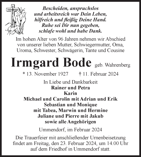 Traueranzeige von Irmgard Bode von Volksstimme Oschersleben/Wanzleben