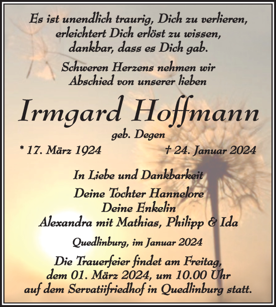 Traueranzeige von Irmgard Hoffmann von Trauerkombi Köthen