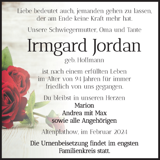 Traueranzeige von Irmgard Jordan von Volksstimme Burg/Genthin