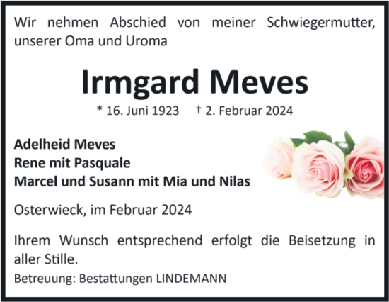 Traueranzeige von Irmgard Meves von Volksstimme Halberstadt