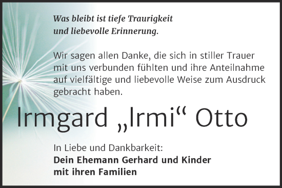 Traueranzeige von Irmgard Otto von Trauerkombi Wittenberg