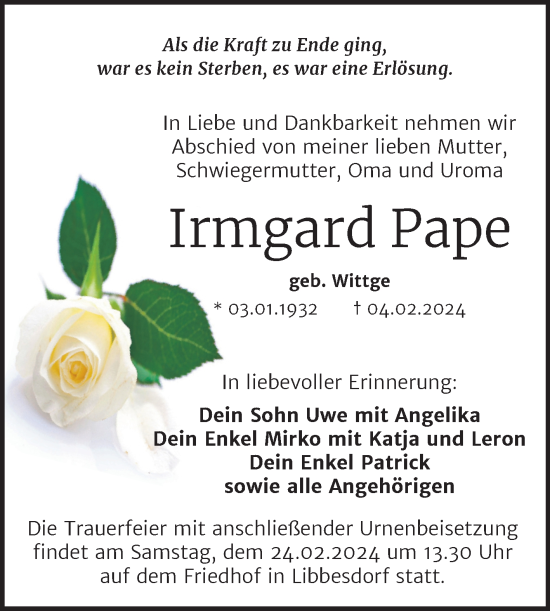 Traueranzeige von Irmgard Pape von Trauerkombi Köthen