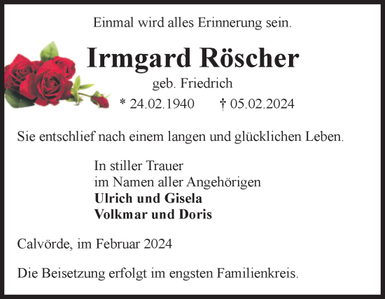 Traueranzeige von Irmgard Röscher von Volksstimme Haldensleben/Wolmirstedt