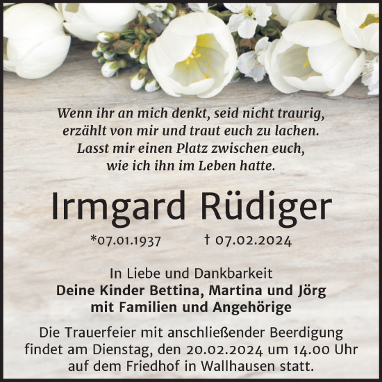 Traueranzeige von Irmgard Rüdiger von Trauerkombi Sangerhausen
