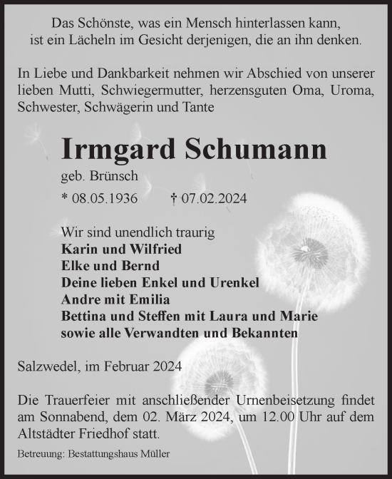 Traueranzeige von Irmgard Schumann von Volksstimme Altmark West