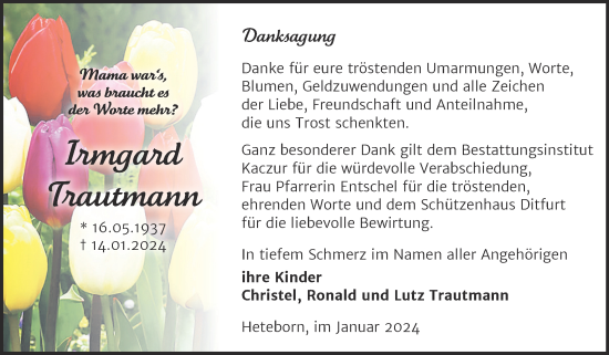 Traueranzeige von Irmgard Trautmann von Trauerkombi Quedlinburg