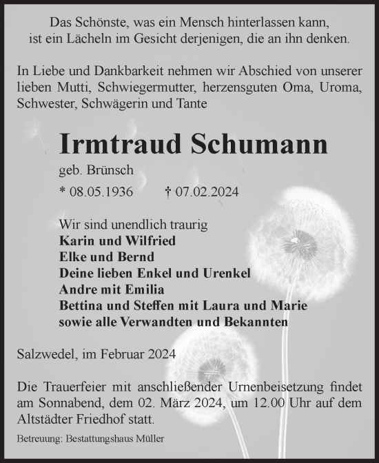 Traueranzeige von Irmtraud Schumann von Volksstimme Altmark West