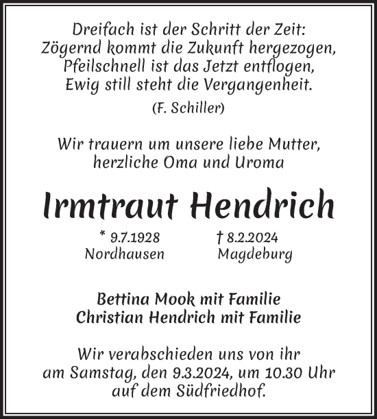 Traueranzeige von Irmtraut Hendrich von Volksstimme Magdeburg