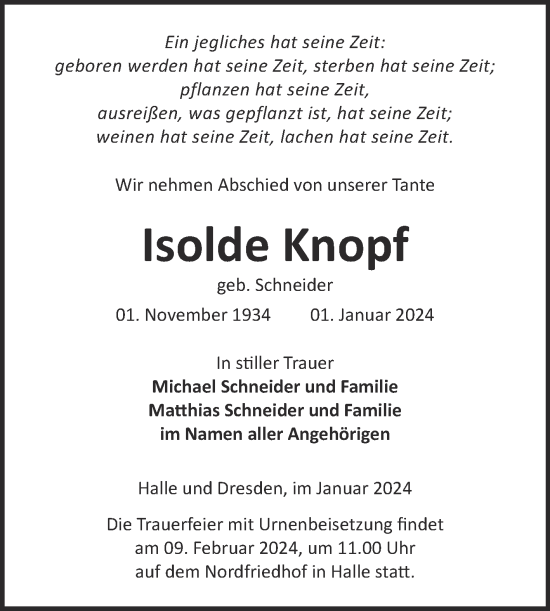 Traueranzeige von Isolde Knopf von Mitteldeutsche Zeitung Halle/Saalkreis