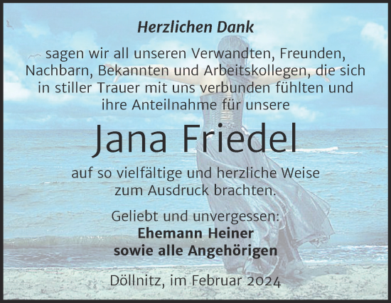 Traueranzeige von Jana Friedel von Mitteldeutsche Zeitung Halle/Saalkreis