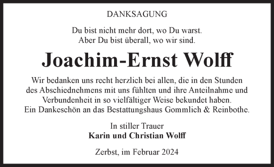 Traueranzeige von Joachim-Ernst Wolff von Volksstimme Zerbst