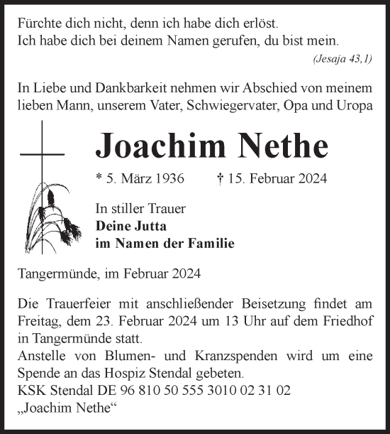 Traueranzeige von Joachim Nethe von Volksstimme Altmark Ost