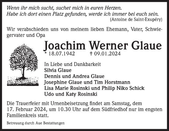Traueranzeige von Joachim Werner Glaue von Volksstimme Magdeburg