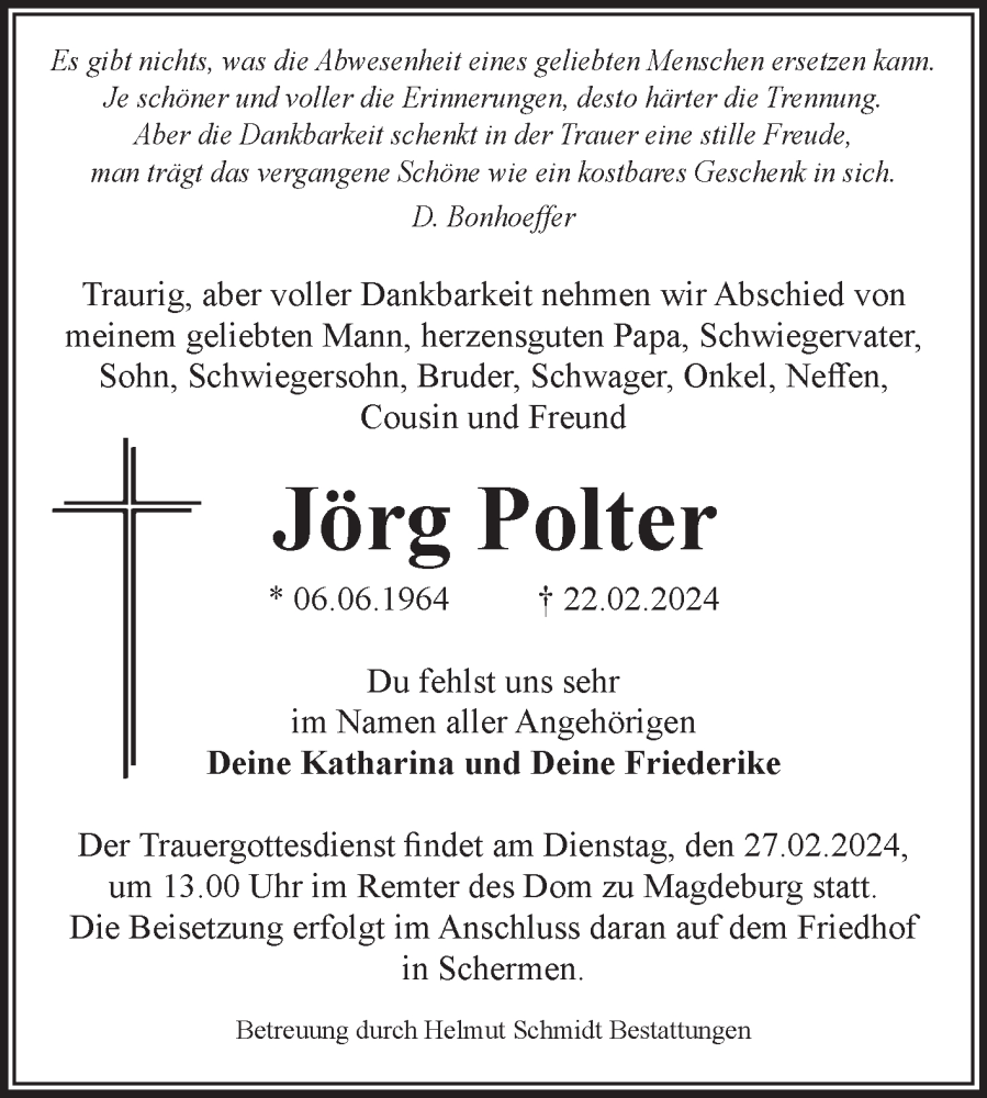  Traueranzeige für Jörg Polter vom 24.02.2024 aus Volksstimme Burg/Genthin