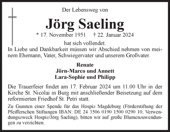 Traueranzeige von Jörg Saeling von Volksstimme Burg/Genthin