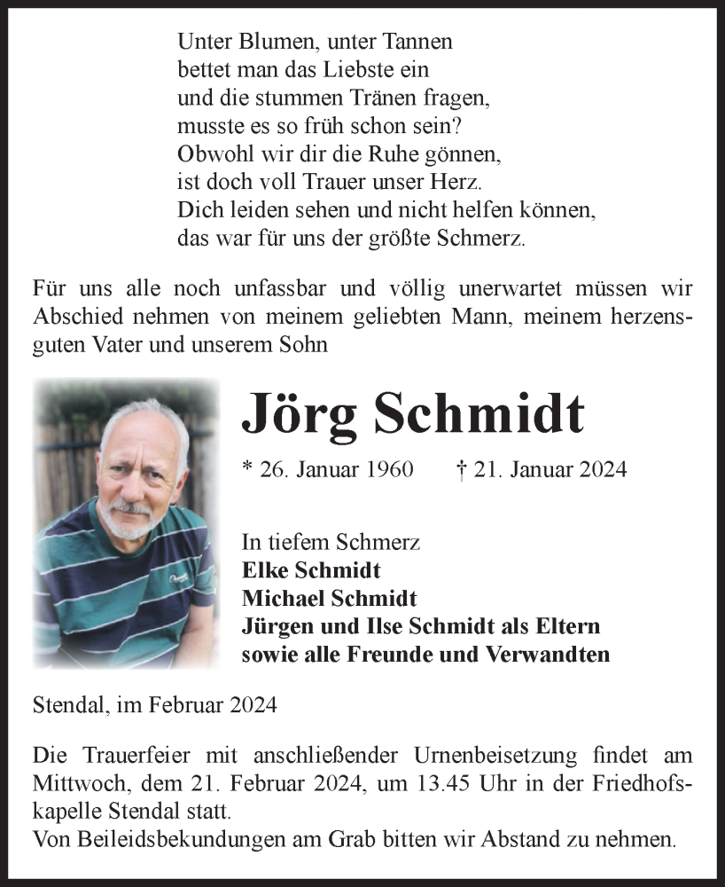  Traueranzeige für Jörg Schmidt vom 03.02.2024 aus Volksstimme Altmark Ost