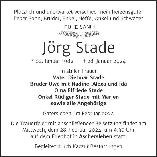 Traueranzeige von Jörg Stade von Trauerkombi Aschersleben