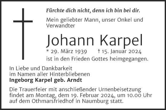 Traueranzeige von Johann Karpel von Naumburger Tageblatt