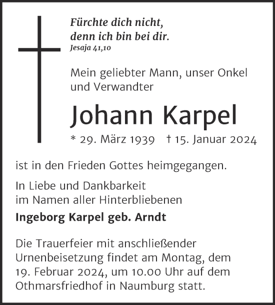 Traueranzeige von Johann Karpel von Naumburger Tageblatt