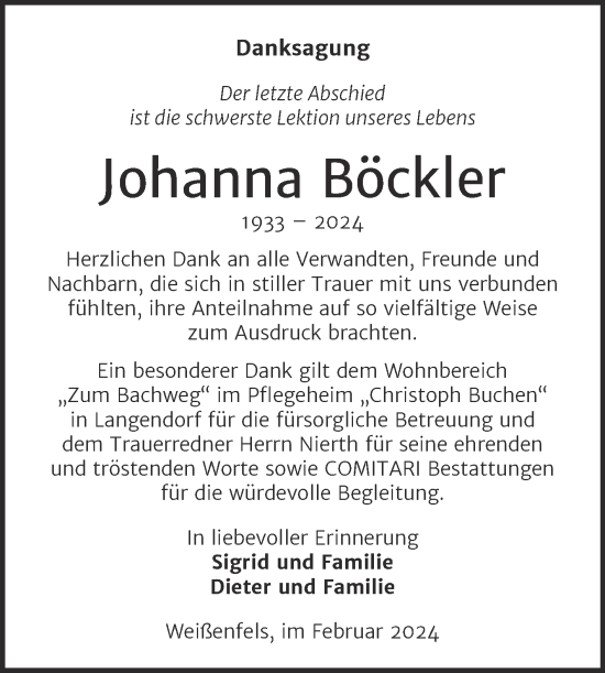 Traueranzeige von Johanna Böckler von Trauerkombi Weißenfels