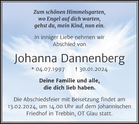 Traueranzeige von Johanna Dannenberg von Trauerkombi Wittenberg