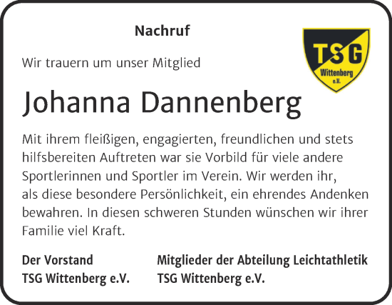 Traueranzeige von Johanna Dannenberg von Super Sonntag Wittenberg