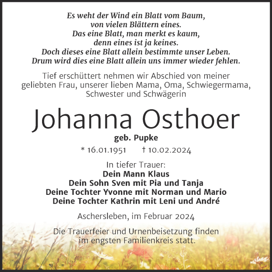 Traueranzeige von Johanna Osthoer von Trauerkombi Aschersleben